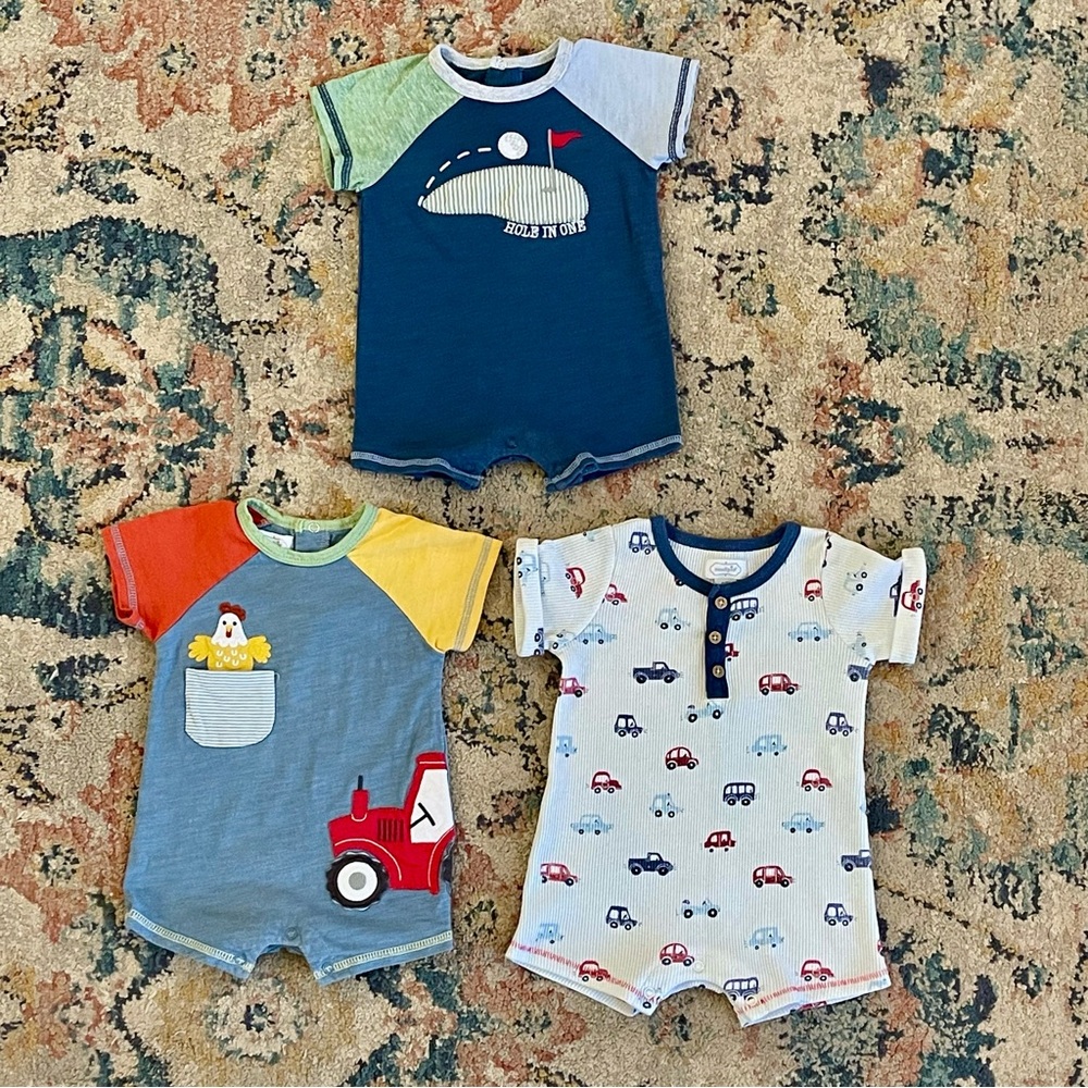 Set of 3 Mud Pie 6-9 month Rompers - Golf, Farm Tractor, Cars Print